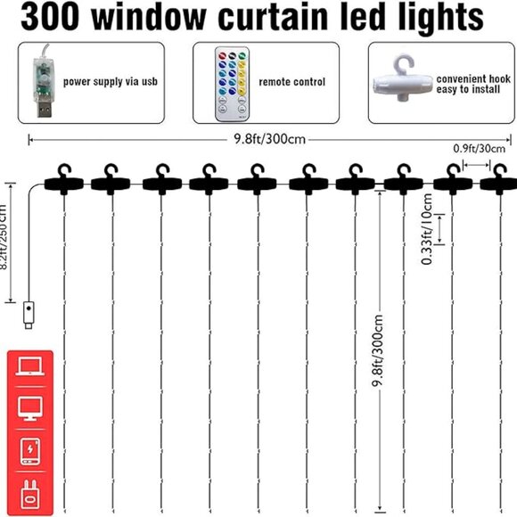 Dazzle Bright Curtain String Lights, 300 LED 9.8ft x9.8ft Warm White Fairy Light - Picture 2 of 5